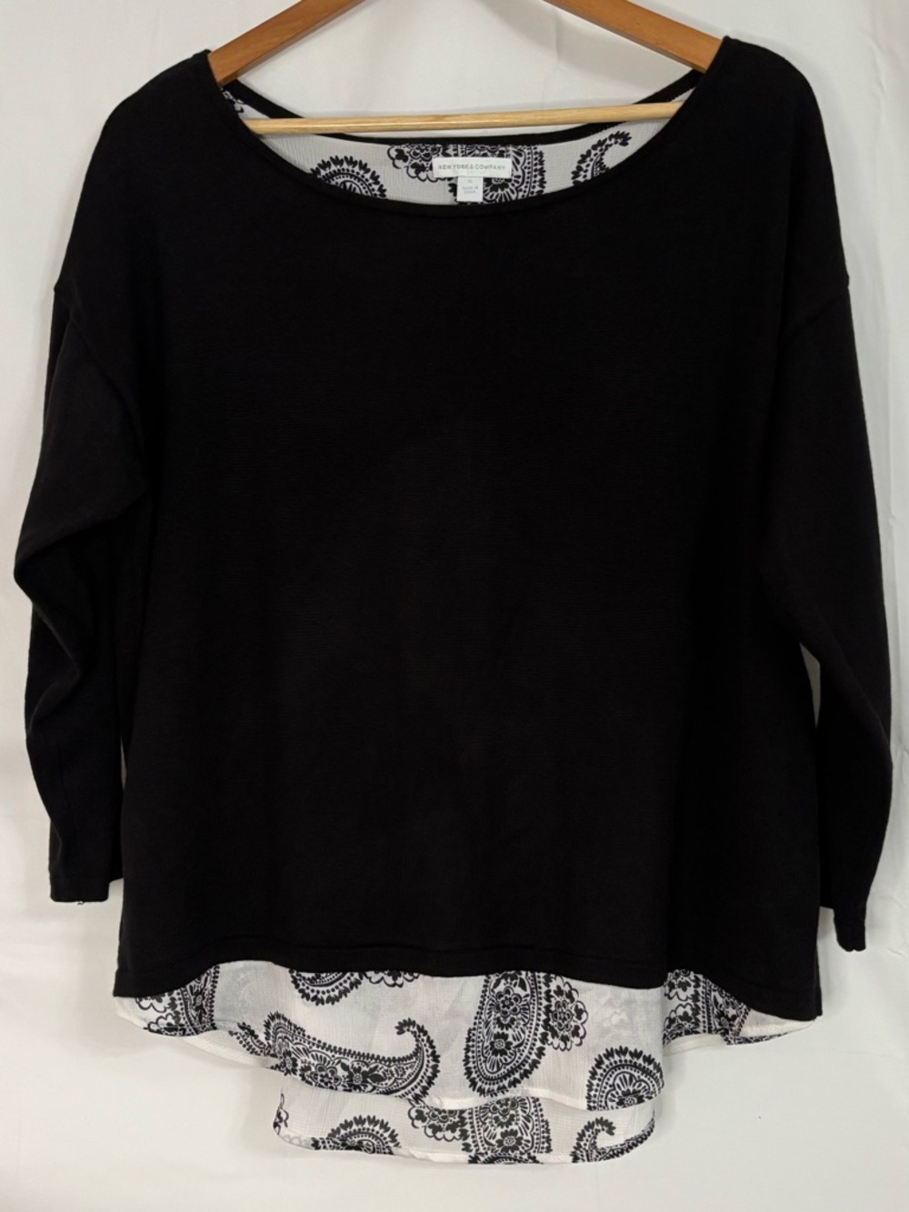 New York & Co Black Sweater with Paisley Print Chiffon Hem and Fly-a-Way Back XL